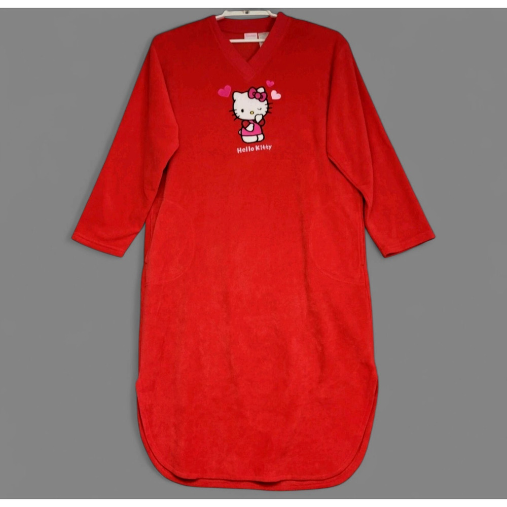 Hello Kitty Fleece Nightgown Adult Womens Medium Red Embroidered Pockets Saniro
